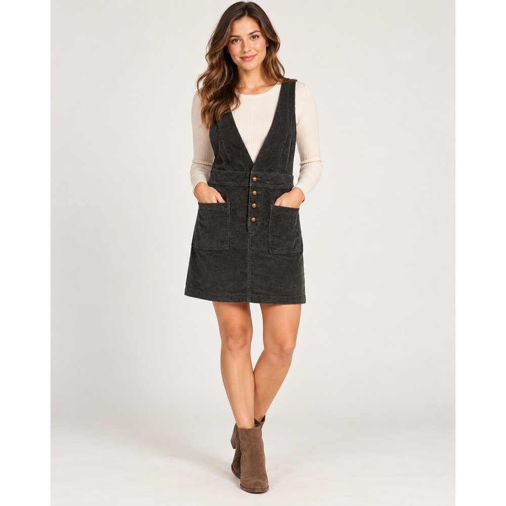 Aaron & Amber Jumper Dress M Grey Corduroy Cross Back Button Front Pinafore